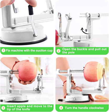 Apple Peeler, Slicer Corer Potato Peelers 3 In 1, Stainless Steel Heavy Duty Suction Cup Base And 7 Extra Blades (Red)