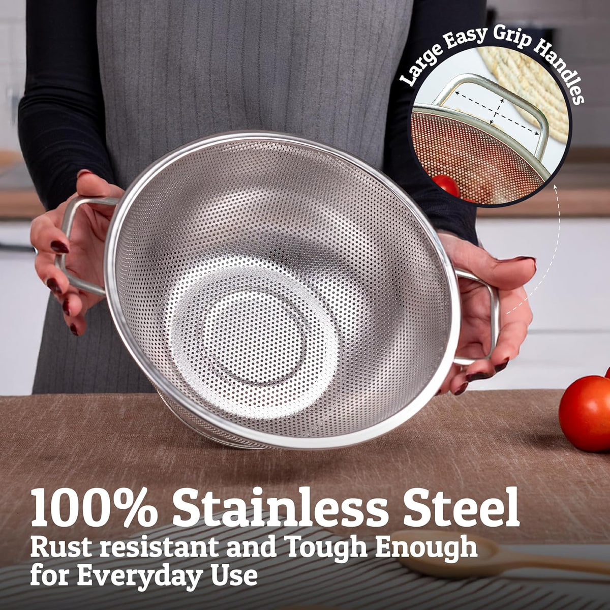 Premium 5Qrt Stainless Steel Colander for Kitchen, Durable Rice and Pasta Strainer with Handle, Rust-Resistant & Dishwasher Safe