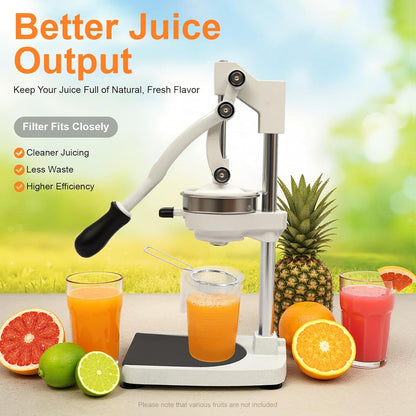 Cast Iron Juicer, Manual Juicer Hand Press Heavy Duty with Stable Base, Commercial Citrus Press for Orange Lemon Lime Grapefruit Pomegranate, Easy to Clean(Filter Bags & Cup)
