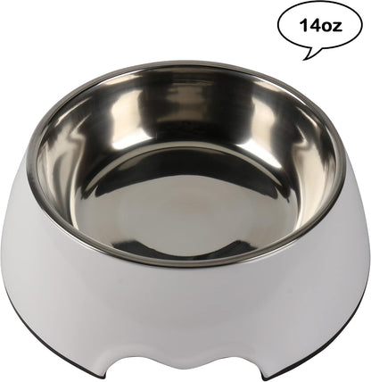 Melamine Plastic Dog Food Bowl, Non Skid Base，Anti-Slip Pet Feeder Bowls, 2-in-1 Removable Stainless Steel Pet Feeder Holder for Dogs and Cats (14oz 6.89in*2.24 in, White)