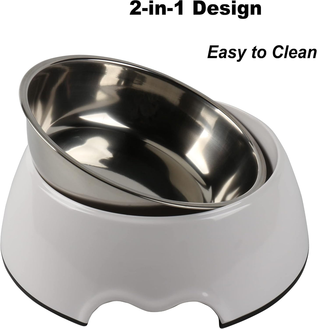 Melamine Plastic Dog Food Bowl, Non Skid Base，Anti-Slip Pet Feeder Bowls, 2-in-1 Removable Stainless Steel Pet Feeder Holder for Dogs and Cats (14oz 6.89in*2.24 in, White)