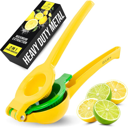Zulay Metal 2-In-1 Lemon Squeezer Manual - Sturdy, Max Extraction Hand Juicer Lemon Squeezer Gets Every Last Drop - Easy to Clean & Use Citrus Juicer-Yellow/Green - Colors A