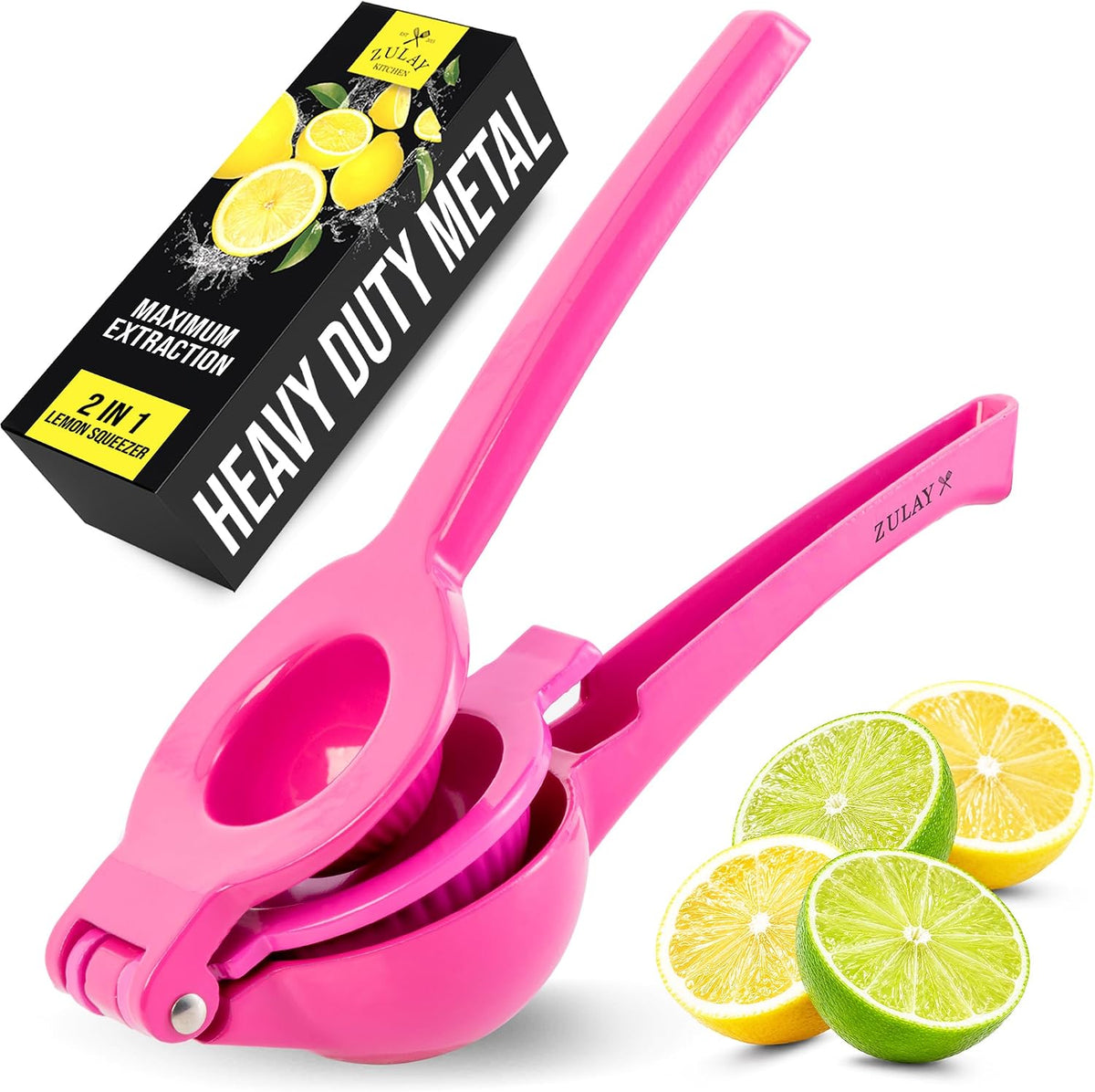 Zulay Metal 2-In-1 Lemon Squeezer Manual - Sturdy, Max Extraction Hand Juicer Lemon Squeezer Gets Every Last Drop - Easy to Clean & Use Citrus Juicer-Yellow/Green - Colors A