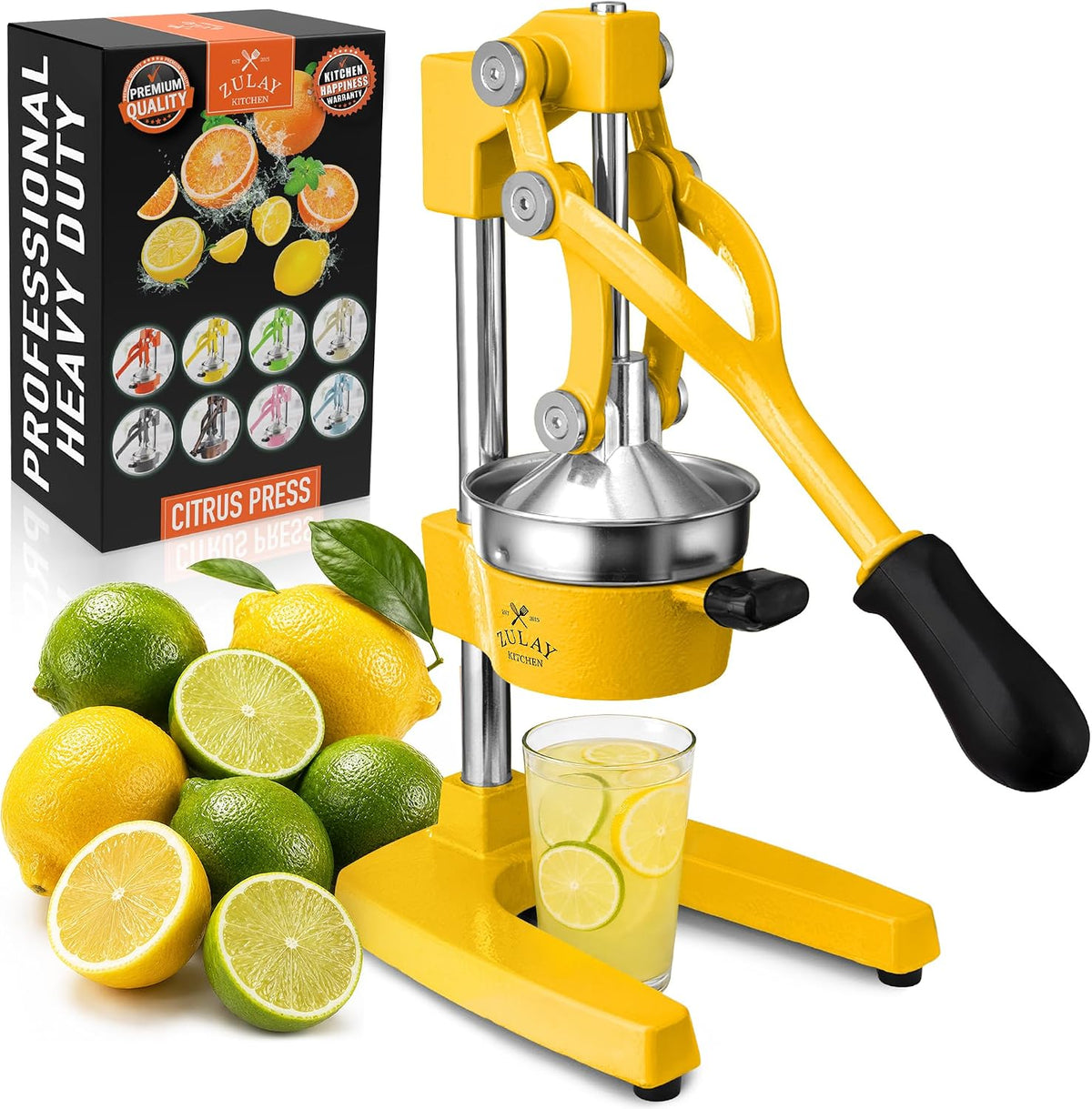 Zulay Metal 2-In-1 Lemon Squeezer Manual - Sturdy, Max Extraction Hand Juicer Lemon Squeezer Gets Every Last Drop - Easy to Clean & Use Citrus Juicer-Yellow/Green - Colors A