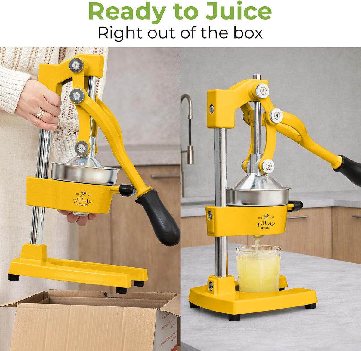Zulay Metal 2-In-1 Lemon Squeezer Manual - Sturdy, Max Extraction Hand Juicer Lemon Squeezer Gets Every Last Drop - Easy to Clean & Use Citrus Juicer-Yellow/Green - Colors A
