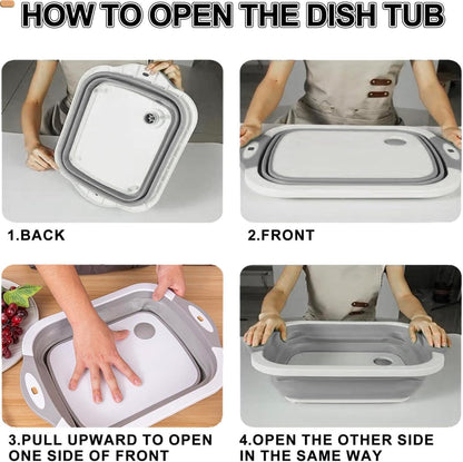Collapsible Washing Bowl, Multi Function Bowl Drying Rack, Portable Cutting Board, Retractable Drain Washing Basket Basin Vegetable Fruit Tray for for Camping, Picnic, Kitchen