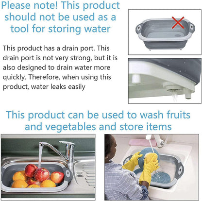 Collapsible Washing Bowl, Multi Function Bowl Drying Rack, Portable Cutting Board, Retractable Drain Washing Basket Basin Vegetable Fruit Tray for for Camping, Picnic, Kitchen