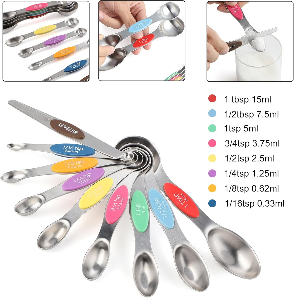 Magnetic Measuring Spoons Set of 9 Stainless Steel Dual Sided Teaspoon