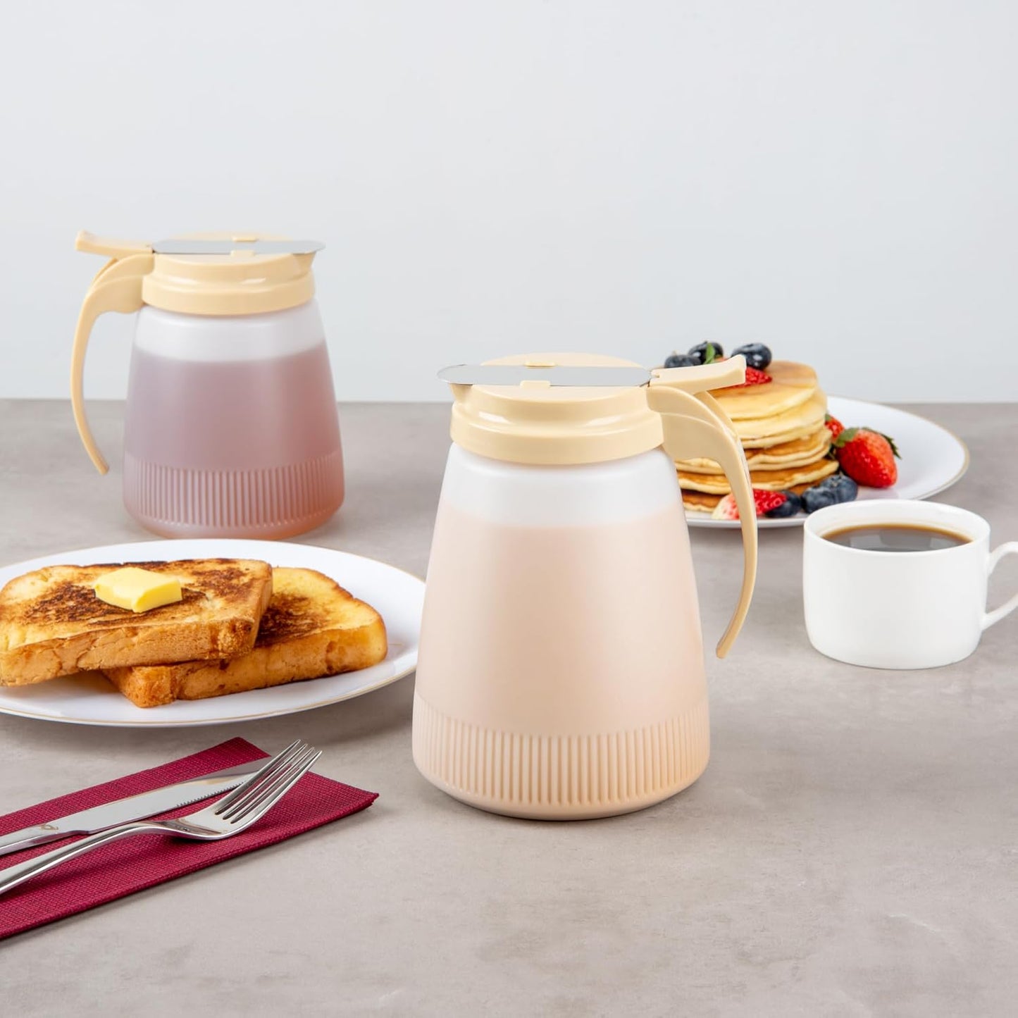 Chef 101 48 Ounce All Purpose Syrup Dispenser, 1 Honey Dispenser - Beige Top, Stainless Steel Slide Cover, Plastic Pancake Syrup Bottle, Perfect For Diners, Restaurants, Home