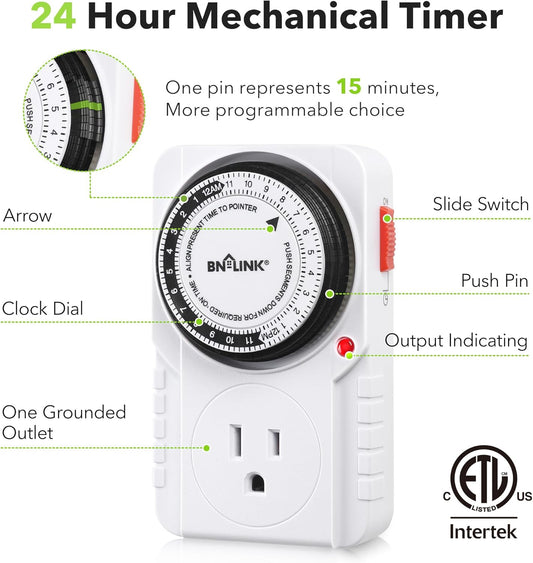 24-Hour Heavy Duty Mechanical Timer Outlet,Indicator Light, 3-Prong | 15-min intervals; Indoor Plug-in Timer for Christmas Decoration, Aquarium, Grow Light, Home Appliances, ETL,1875W/15A,1-Pack