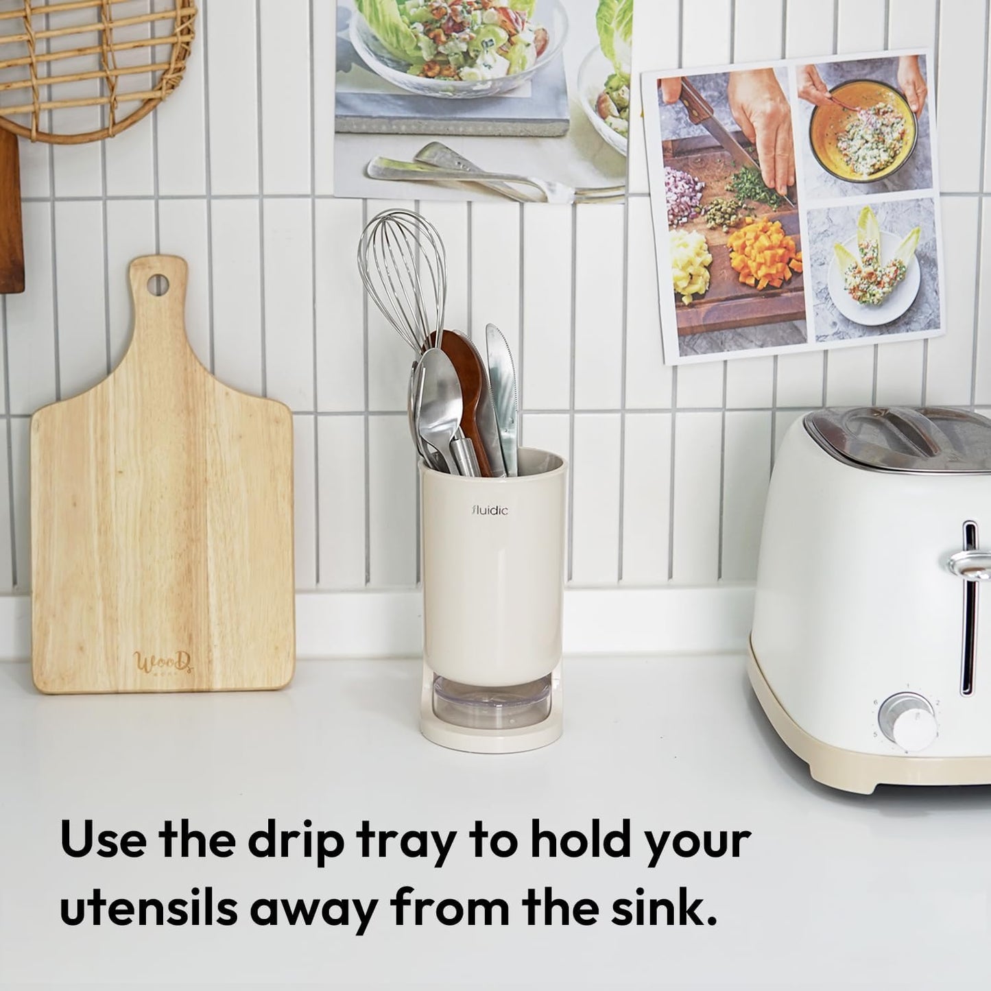 Utensil Drying Holder for Kitchen Counter, Self Draining, Small Utensil Cutlery Flatware Silverware Holder Drainer Cup, Beige, 1 ea