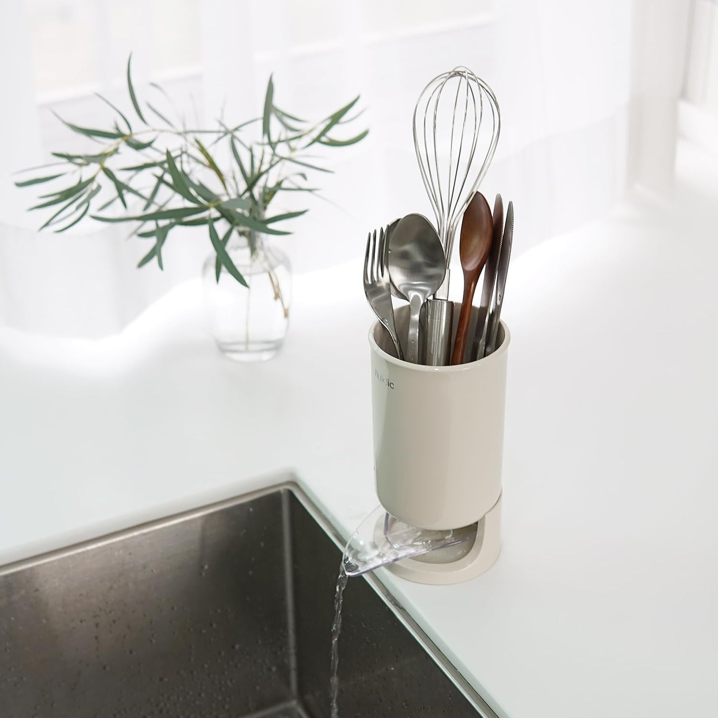 Utensil Drying Holder for Kitchen Counter, Self Draining, Small Utensil Cutlery Flatware Silverware Holder Drainer Cup, Beige, 1 ea