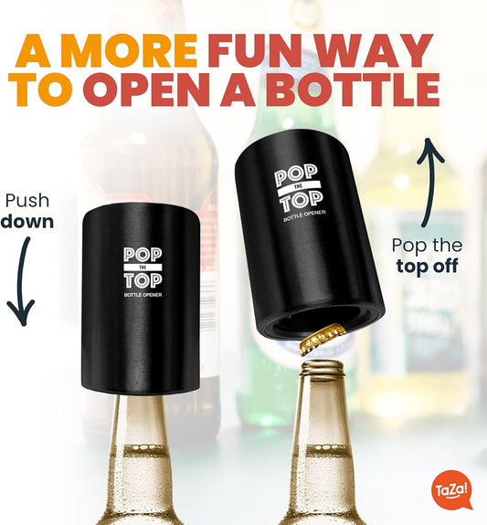 Pop-the-Top Beer Bottle Opener (Stainless): Automatic Bottle Cap Opener, Push Down Pop Off Bar Tool, Soda and Beer Cap Remover, Cool & Fun Gadget