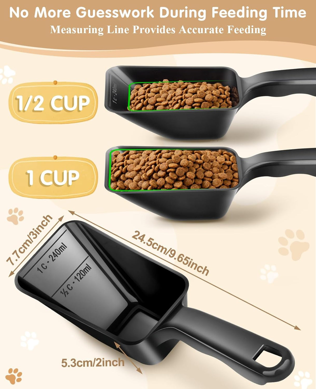 2-Pack Dog Food Scoop 1 Cup, Plastic Pet Food Measuring Scoop With Measuring Lines (1/2 & 1 Cup Markings) for Dogs, Cats, Fish, Bird（Black)