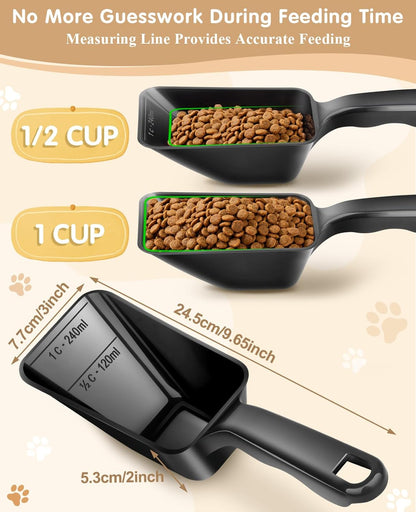 2-Pack Dog Food Scoop 1 Cup, Plastic Pet Food Measuring Scoop With Measuring Lines (1/2 & 1 Cup Markings) for Dogs, Cats, Fish, Bird（Black)
