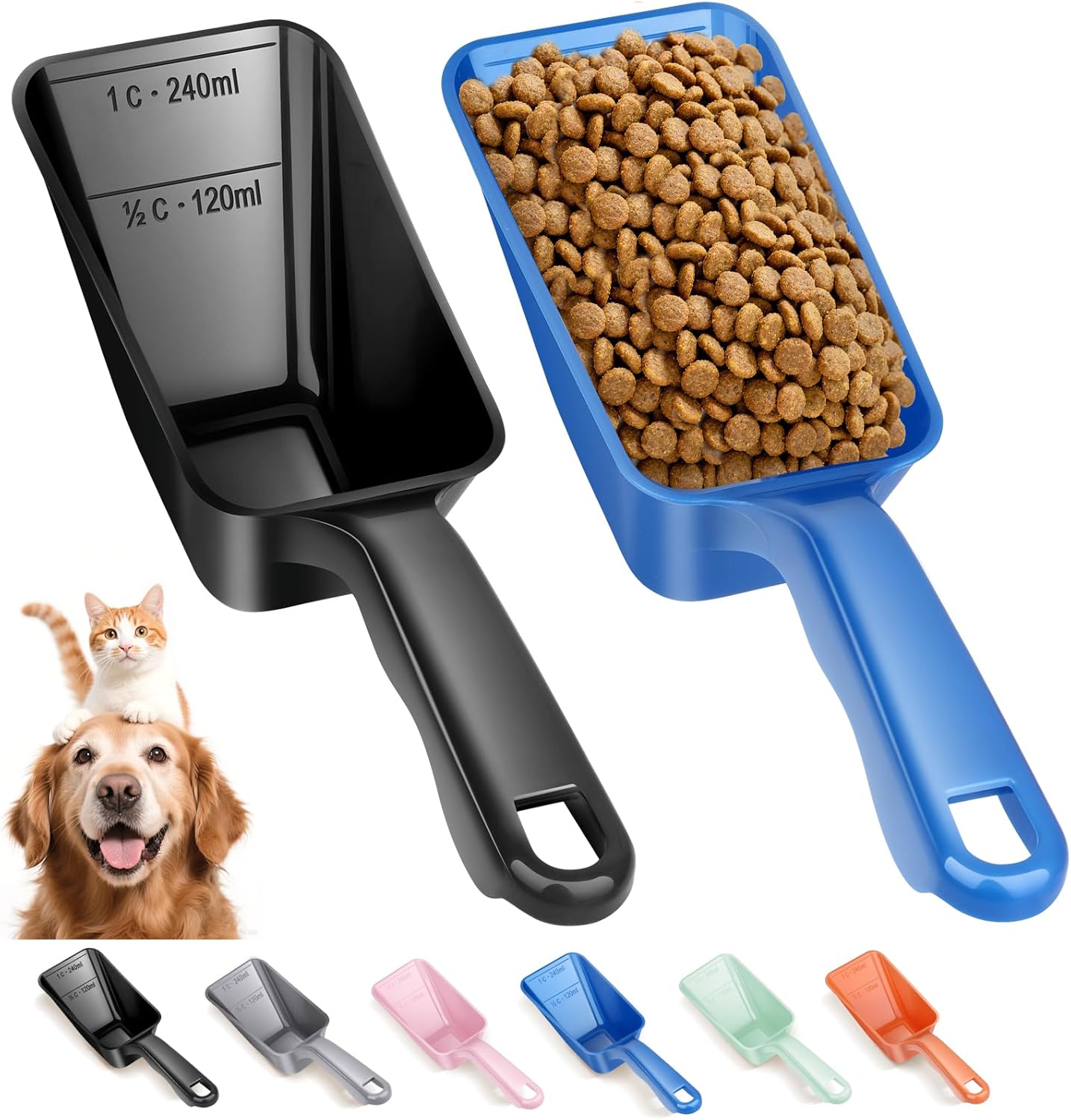 2-Pack Dog Food Scoop 1 Cup, Plastic Pet Food Measuring Scoop With Measuring Lines (1/2 & 1 Cup Markings) for Dogs, Cats, Fish, Bird（Black)