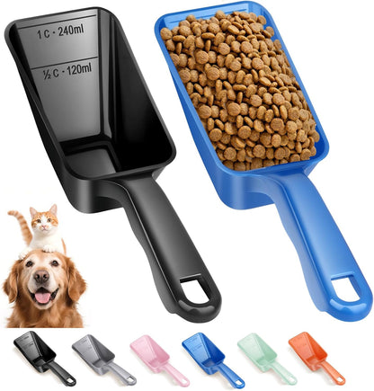2-Pack Dog Food Scoop 1 Cup, Plastic Pet Food Measuring Scoop With Measuring Lines (1/2 & 1 Cup Markings) for Dogs, Cats, Fish, Bird（Black)