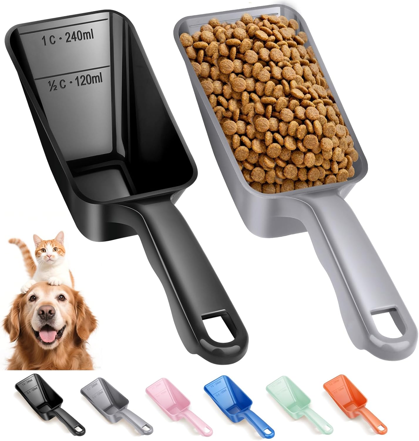2-Pack Dog Food Scoop 1 Cup, Plastic Pet Food Measuring Scoop With Measuring Lines (1/2 & 1 Cup Markings) for Dogs, Cats, Fish, Bird（Black)
