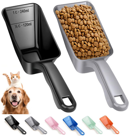 2-Pack Dog Food Scoop 1 Cup, Plastic Pet Food Measuring Scoop With Measuring Lines (1/2 & 1 Cup Markings) for Dogs, Cats, Fish, Bird（Black)