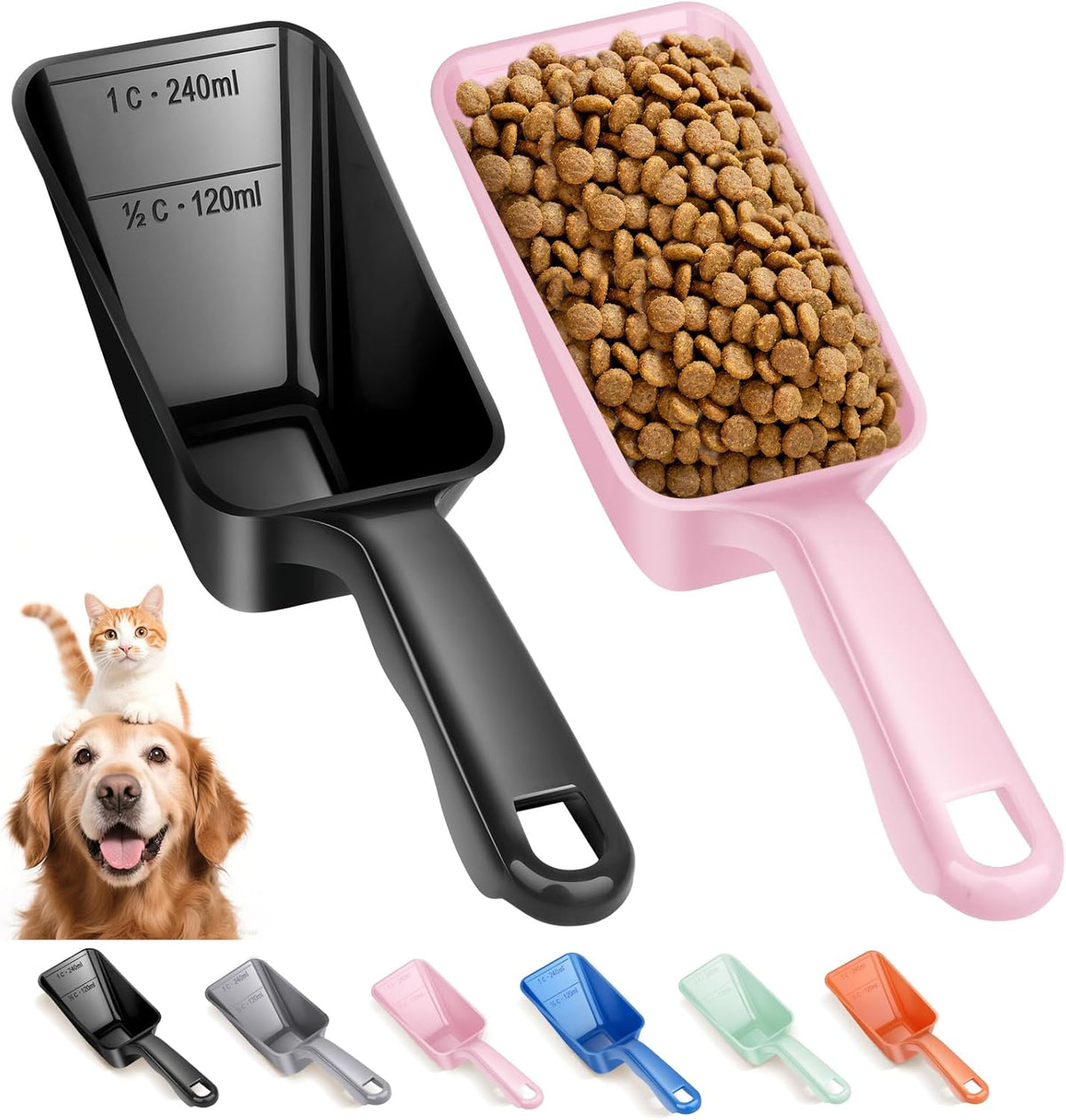 2-Pack Dog Food Scoop 1 Cup, Plastic Pet Food Measuring Scoop With Measuring Lines (1/2 & 1 Cup Markings) for Dogs, Cats, Fish, Bird（Black)