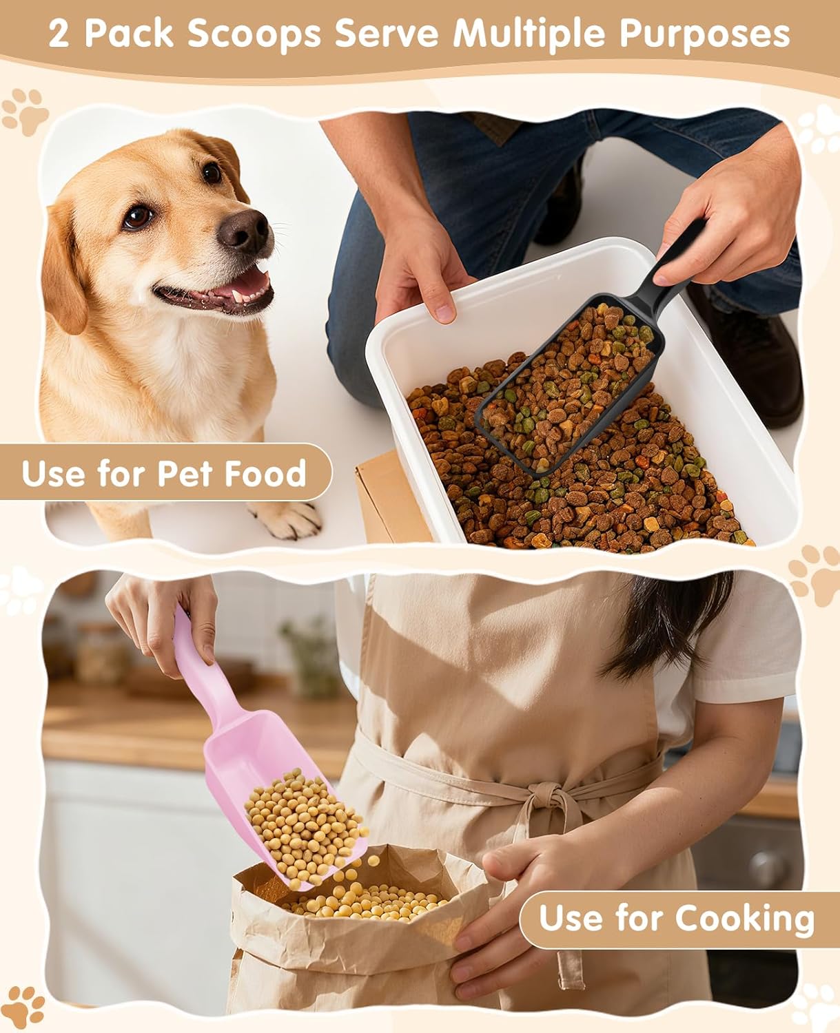 2-Pack Dog Food Scoop 1 Cup, Plastic Pet Food Measuring Scoop With Measuring Lines (1/2 & 1 Cup Markings) for Dogs, Cats, Fish, Bird（Black)