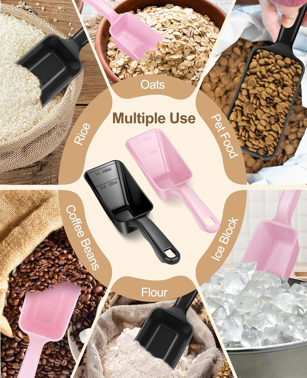 2-Pack Dog Food Scoop 1 Cup, Plastic Pet Food Measuring Scoop With Measuring Lines (1/2 & 1 Cup Markings) for Dogs, Cats, Fish, Bird（Black)