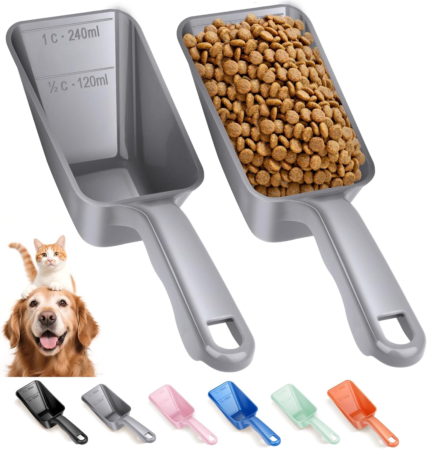 2-Pack Dog Food Scoop 1 Cup, Plastic Pet Food Measuring Scoop With Measuring Lines (1/2 & 1 Cup Markings) for Dogs, Cats, Fish, Bird（Black)