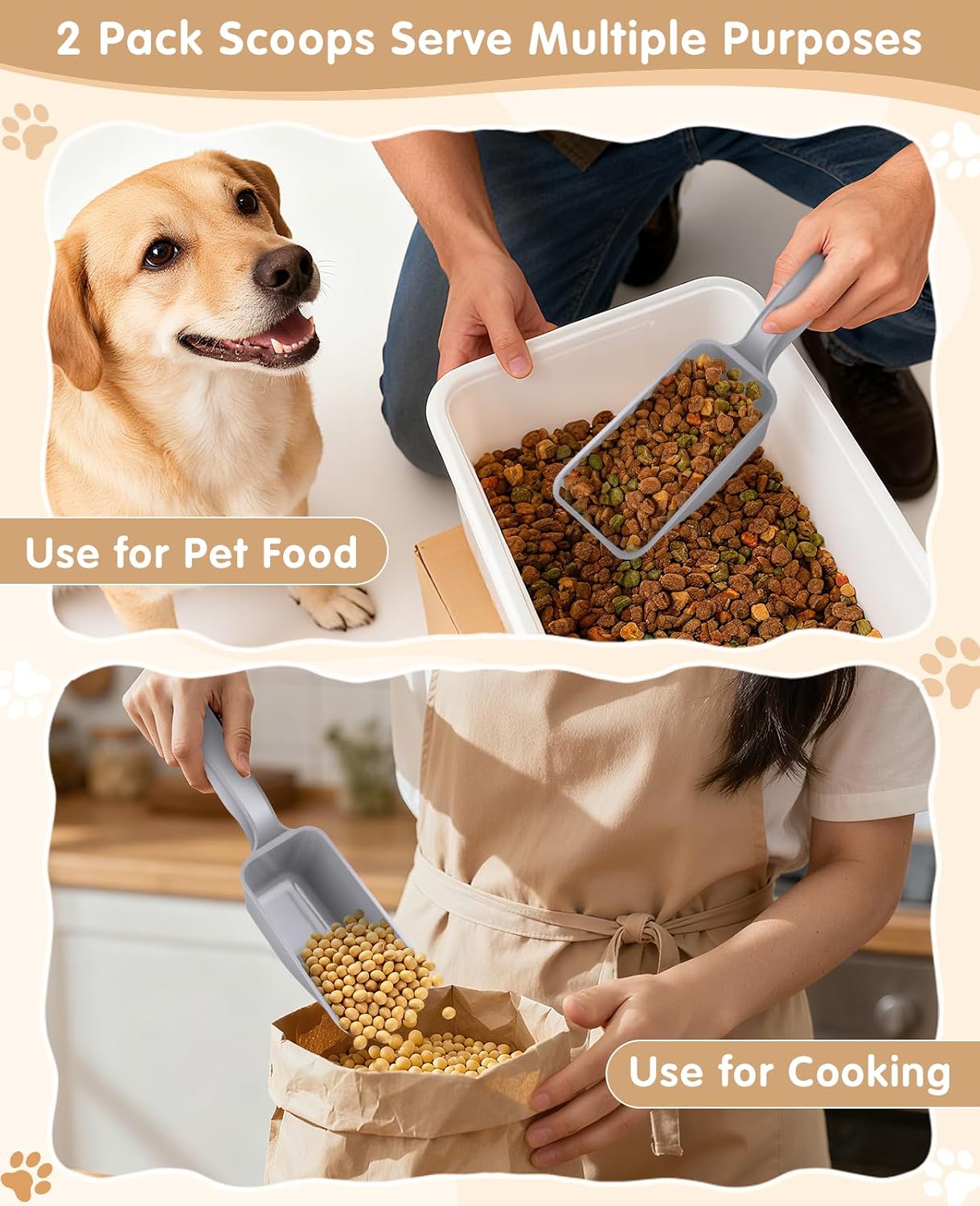 2-Pack Dog Food Scoop 1 Cup, Plastic Pet Food Measuring Scoop With Measuring Lines (1/2 & 1 Cup Markings) for Dogs, Cats, Fish, Bird（Black)