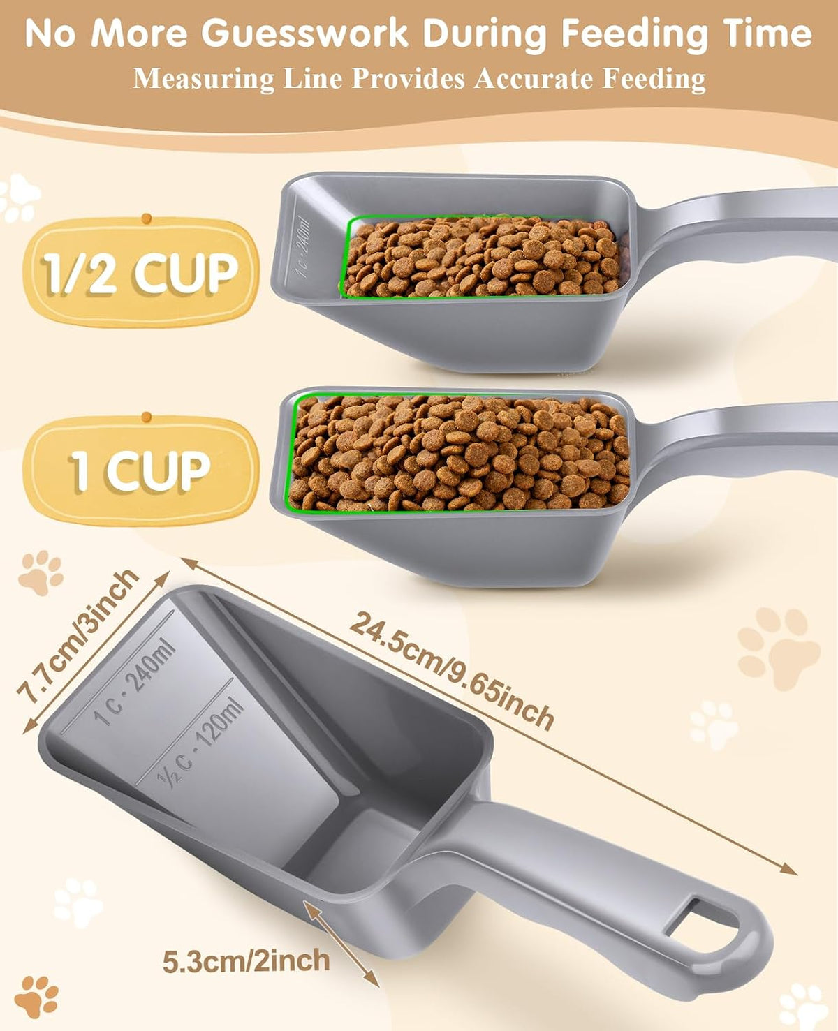 2-Pack Dog Food Scoop 1 Cup, Plastic Pet Food Measuring Scoop With Measuring Lines (1/2 & 1 Cup Markings) for Dogs, Cats, Fish, Bird（Black)