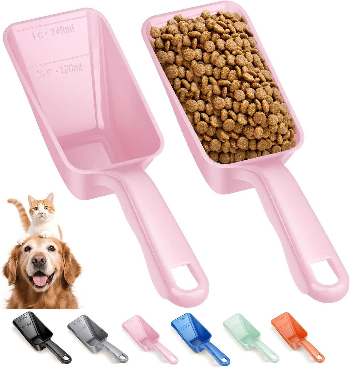 2-Pack Dog Food Scoop 1 Cup, Plastic Pet Food Measuring Scoop With Measuring Lines (1/2 & 1 Cup Markings) for Dogs, Cats, Fish, Bird（Black)