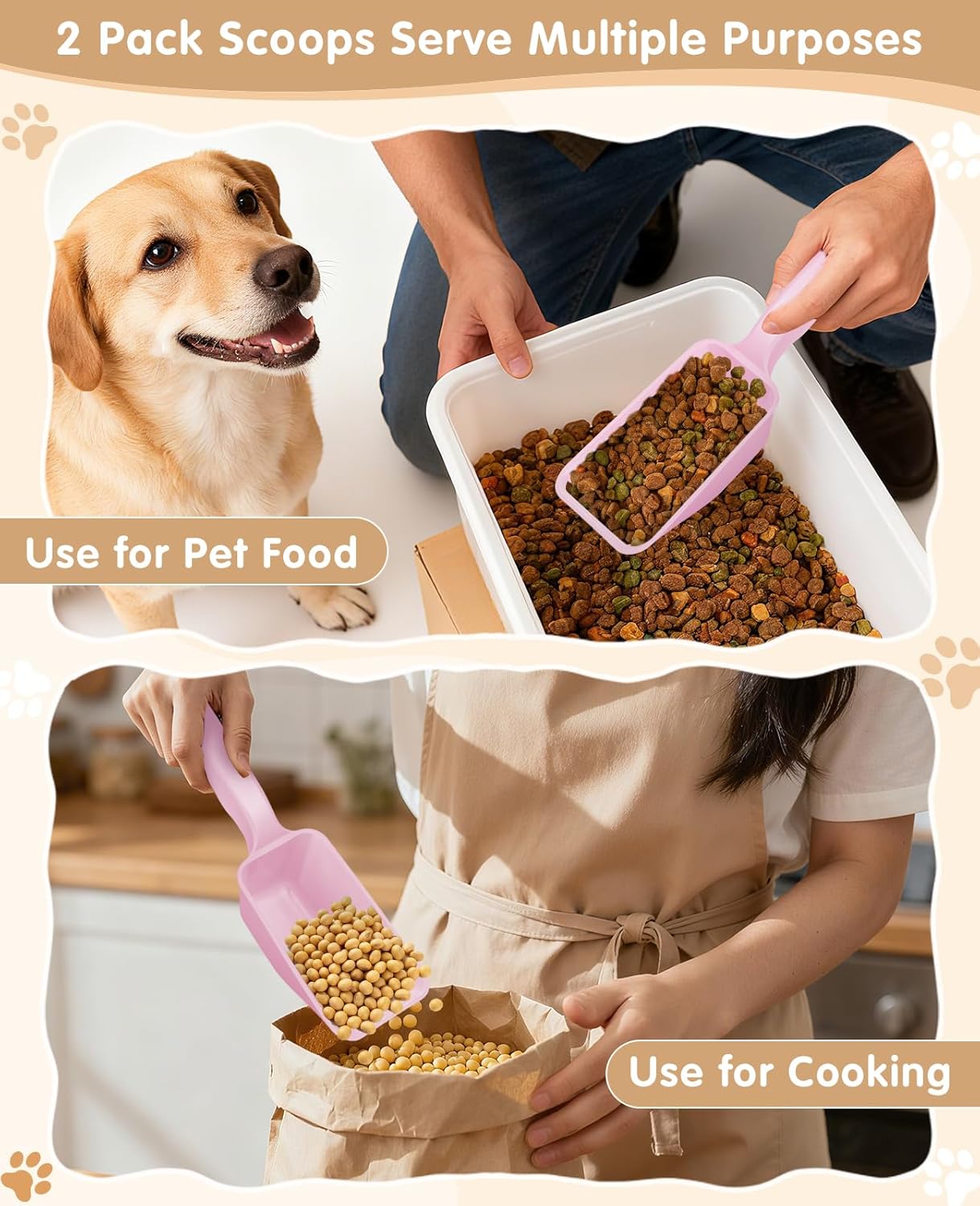 2-Pack Dog Food Scoop 1 Cup, Plastic Pet Food Measuring Scoop With Measuring Lines (1/2 & 1 Cup Markings) for Dogs, Cats, Fish, Bird（Black)