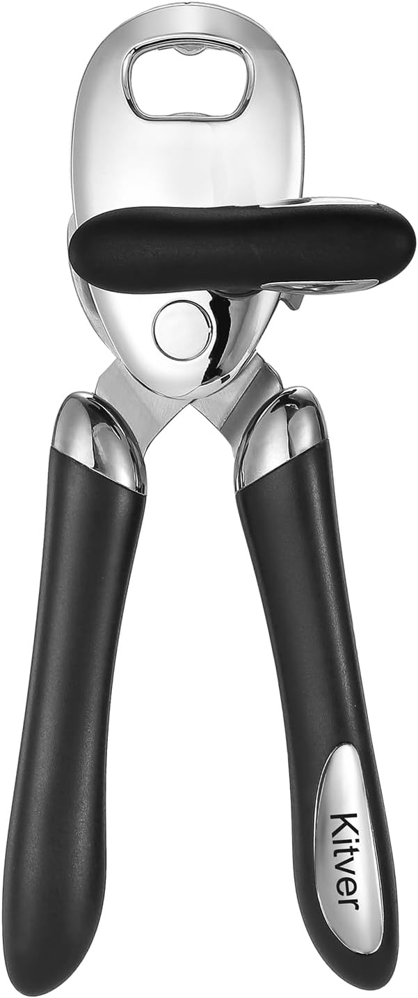 Can Opener Manual Tin Opener Stainless Steel Heavy Duty, Oversized Hand-held Easy Rotary Knob, Safe Cut Manual Can Opener with Non-Slip Handle, Smoother Cut Sharp Blade for Seniors Kitchen Tool, Black