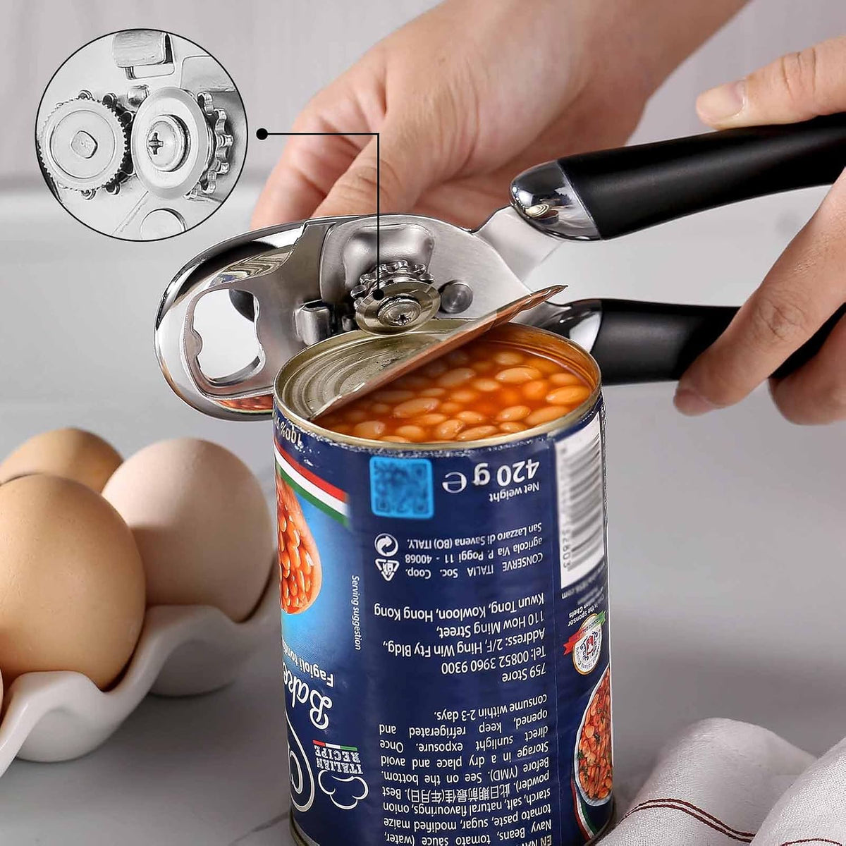 Can Opener Manual Tin Opener Stainless Steel Heavy Duty, Oversized Hand-held Easy Rotary Knob, Safe Cut Manual Can Opener with Non-Slip Handle, Smoother Cut Sharp Blade for Seniors Kitchen Tool, Black
