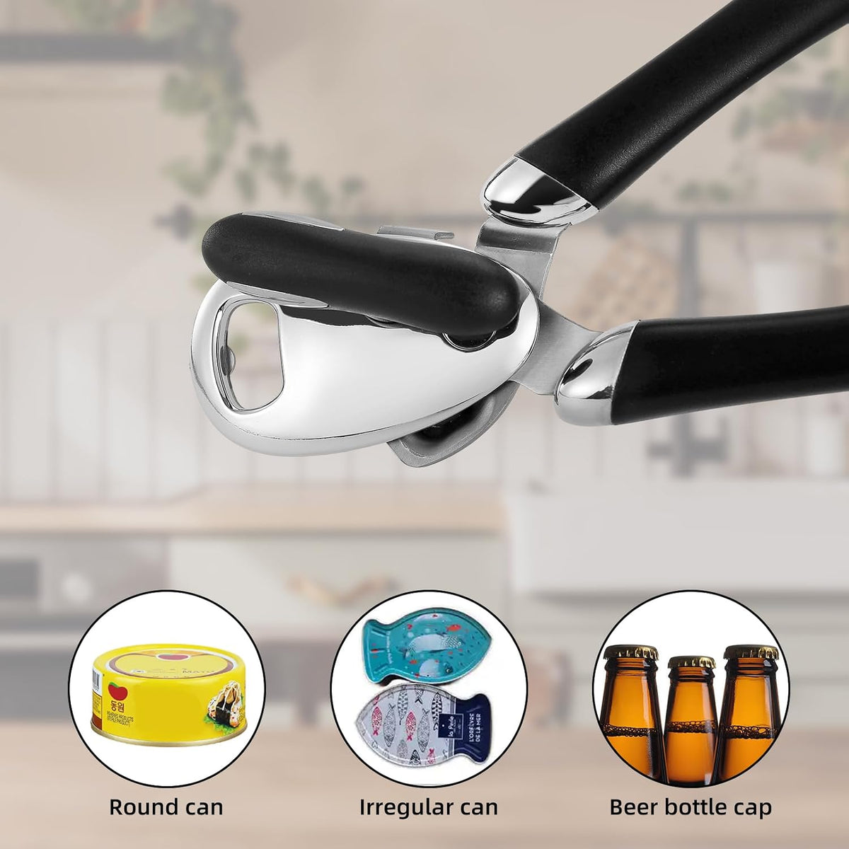 Can Opener Manual Tin Opener Stainless Steel Heavy Duty, Oversized Hand-held Easy Rotary Knob, Safe Cut Manual Can Opener with Non-Slip Handle, Smoother Cut Sharp Blade for Seniors Kitchen Tool, Black