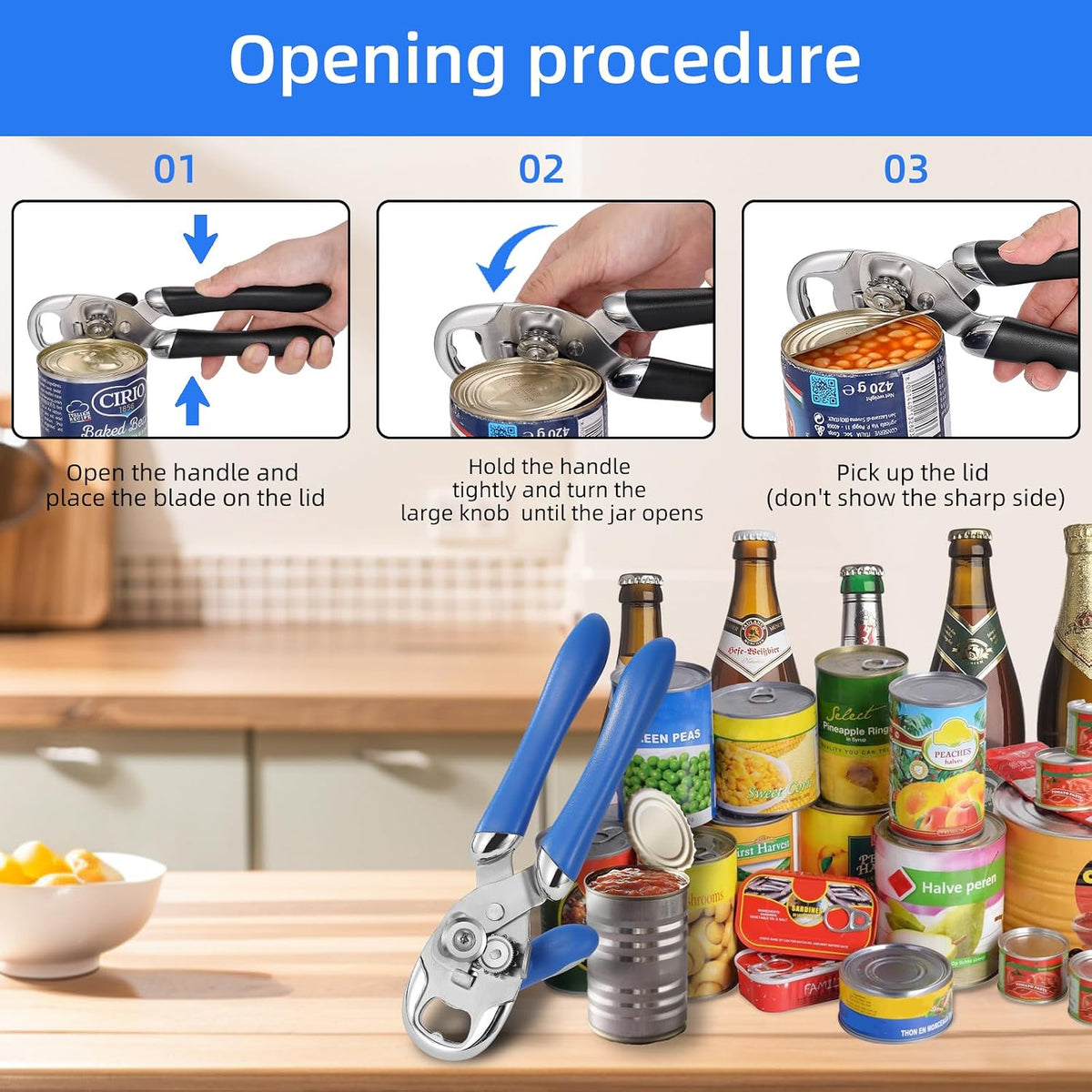 Can Opener Manual Tin Opener Stainless Steel Heavy Duty, Oversized Hand-held Easy Rotary Knob, Safe Cut Manual Can Opener with Non-Slip Handle, Smoother Cut Sharp Blade for Seniors Kitchen Tool, Black