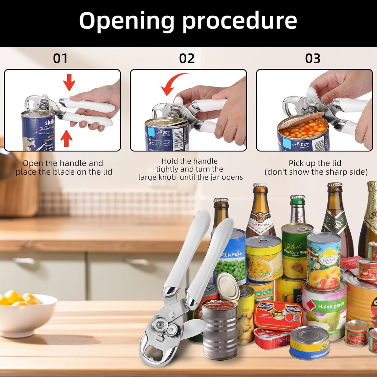 Can Opener Manual Tin Opener Stainless Steel Heavy Duty, Oversized Hand-held Easy Rotary Knob, Safe Cut Manual Can Opener with Non-Slip Handle, Smoother Cut Sharp Blade for Seniors Kitchen Tool, Black