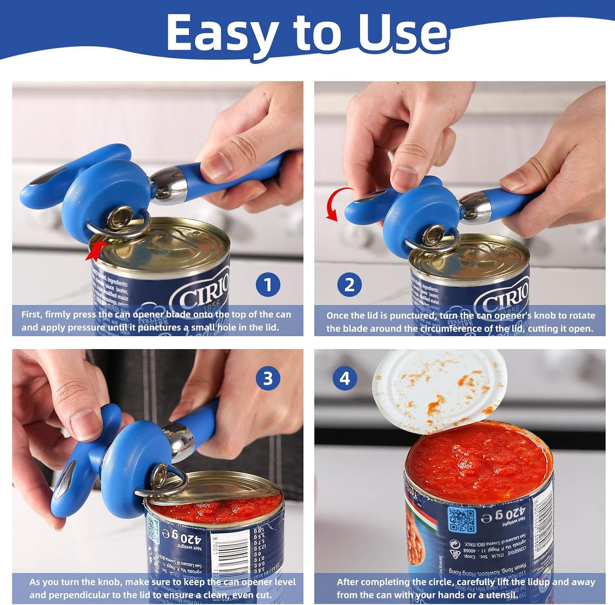 Can Opener Manual Tin Opener Stainless Steel Heavy Duty, Oversized Hand-held Easy Rotary Knob, Safe Cut Manual Can Opener with Non-Slip Handle, Smoother Cut Sharp Blade for Seniors Kitchen Tool, Black