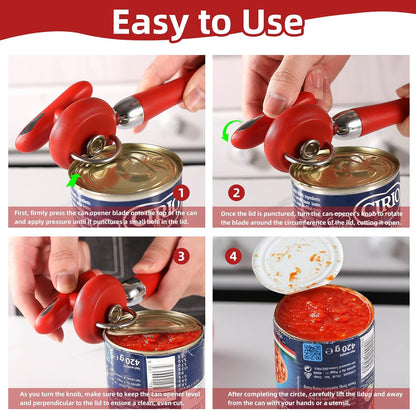 Can Opener Manual Tin Opener Stainless Steel Heavy Duty, Oversized Hand-held Easy Rotary Knob, Safe Cut Manual Can Opener with Non-Slip Handle, Smoother Cut Sharp Blade for Seniors Kitchen Tool, Black