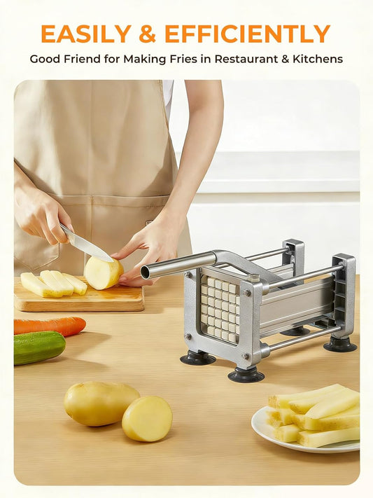 FOHRER Manual French Fry Cutter for Potatoes | 3 Heavy-duty Stainless Steel Blades (1/2, 3/8, 1/4 inch) with Non-slip Suction Feet, Professional Veggie Slicer, Silver