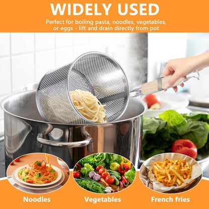 Mesh Pasta Strainer 1 Gal Stainless Steel 6.5" Deep Noodles Basket Hot Pot Colander with Wooden Handle 3.7L Boiling Spider Strainer for Cooking Dumpling Vegetable Food