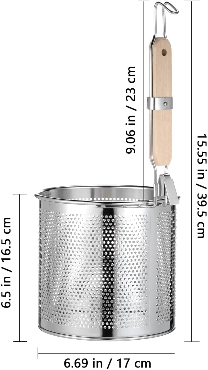 Mesh Pasta Strainer 1 Gal Stainless Steel 6.5" Deep Noodles Basket Hot Pot Colander with Wooden Handle 3.7L Boiling Spider Strainer for Cooking Dumpling Vegetable Food
