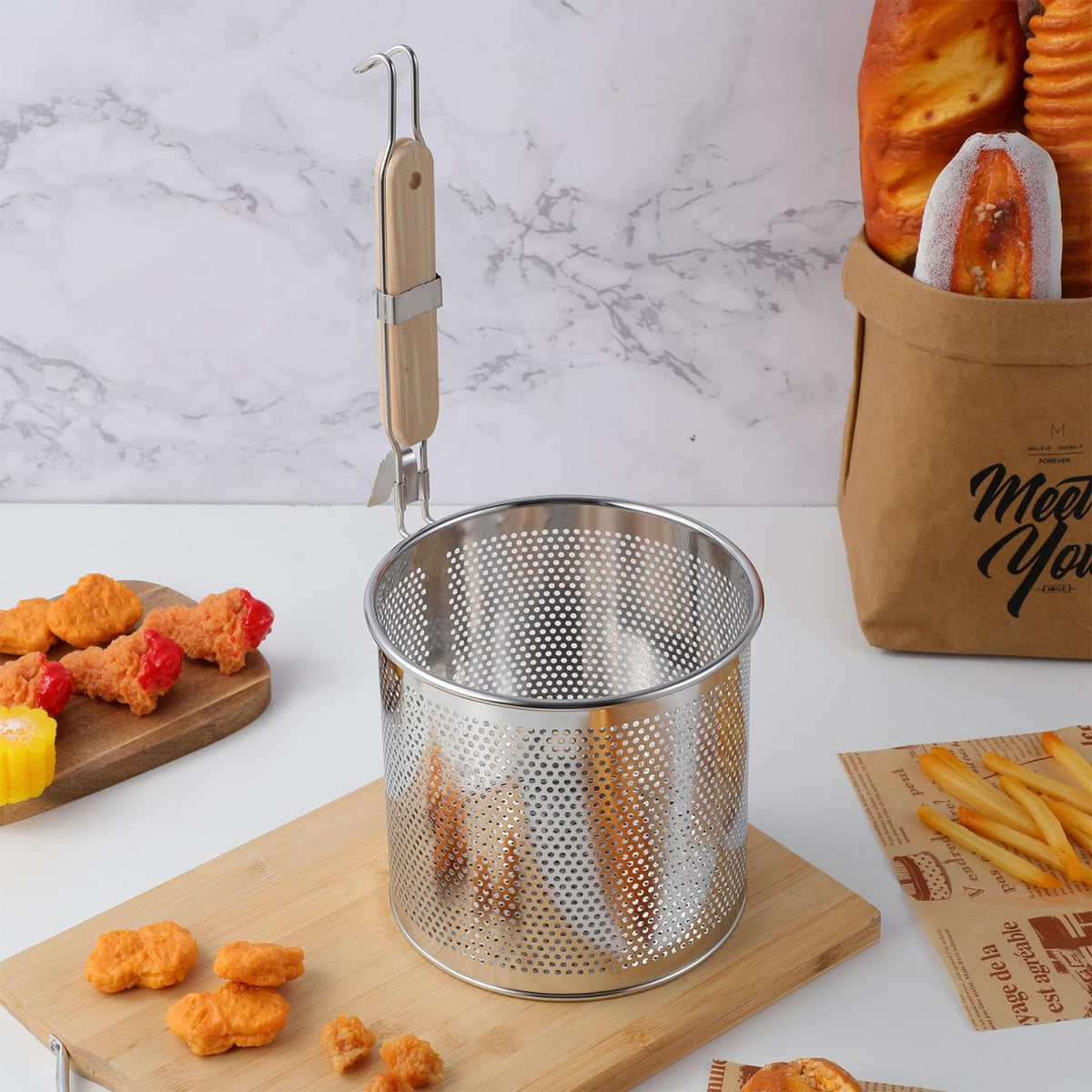 Mesh Pasta Strainer 1 Gal Stainless Steel 6.5" Deep Noodles Basket Hot Pot Colander with Wooden Handle 3.7L Boiling Spider Strainer for Cooking Dumpling Vegetable Food