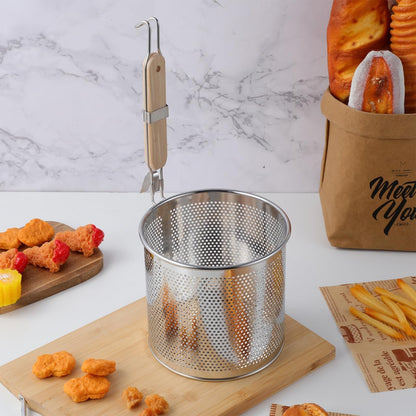 Mesh Pasta Strainer 1 Gal Stainless Steel 6.5" Deep Noodles Basket Hot Pot Colander with Wooden Handle 3.7L Boiling Spider Strainer for Cooking Dumpling Vegetable Food