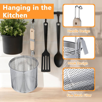 Mesh Pasta Strainer 1 Gal Stainless Steel 6.5" Deep Noodles Basket Hot Pot Colander with Wooden Handle 3.7L Boiling Spider Strainer for Cooking Dumpling Vegetable Food