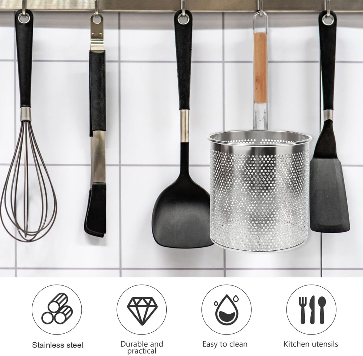 Mesh Pasta Strainer 1 Gal Stainless Steel 6.5" Deep Noodles Basket Hot Pot Colander with Wooden Handle 3.7L Boiling Spider Strainer for Cooking Dumpling Vegetable Food