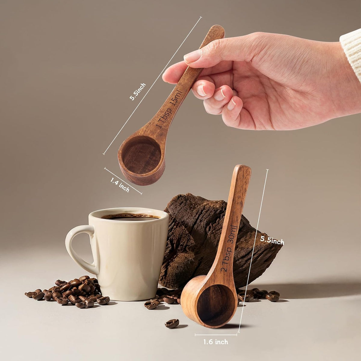 Wood Coffee Scoop-4 Pieces Wooden Scoops for Jars Small Measuring Spoons for Ground Coffee,Tea,Sugar,Seasoning-Multipurpose Wooden Scoop for Jars,Canisters,Bath Salts,Laundry Detergent(Acacia Wood)