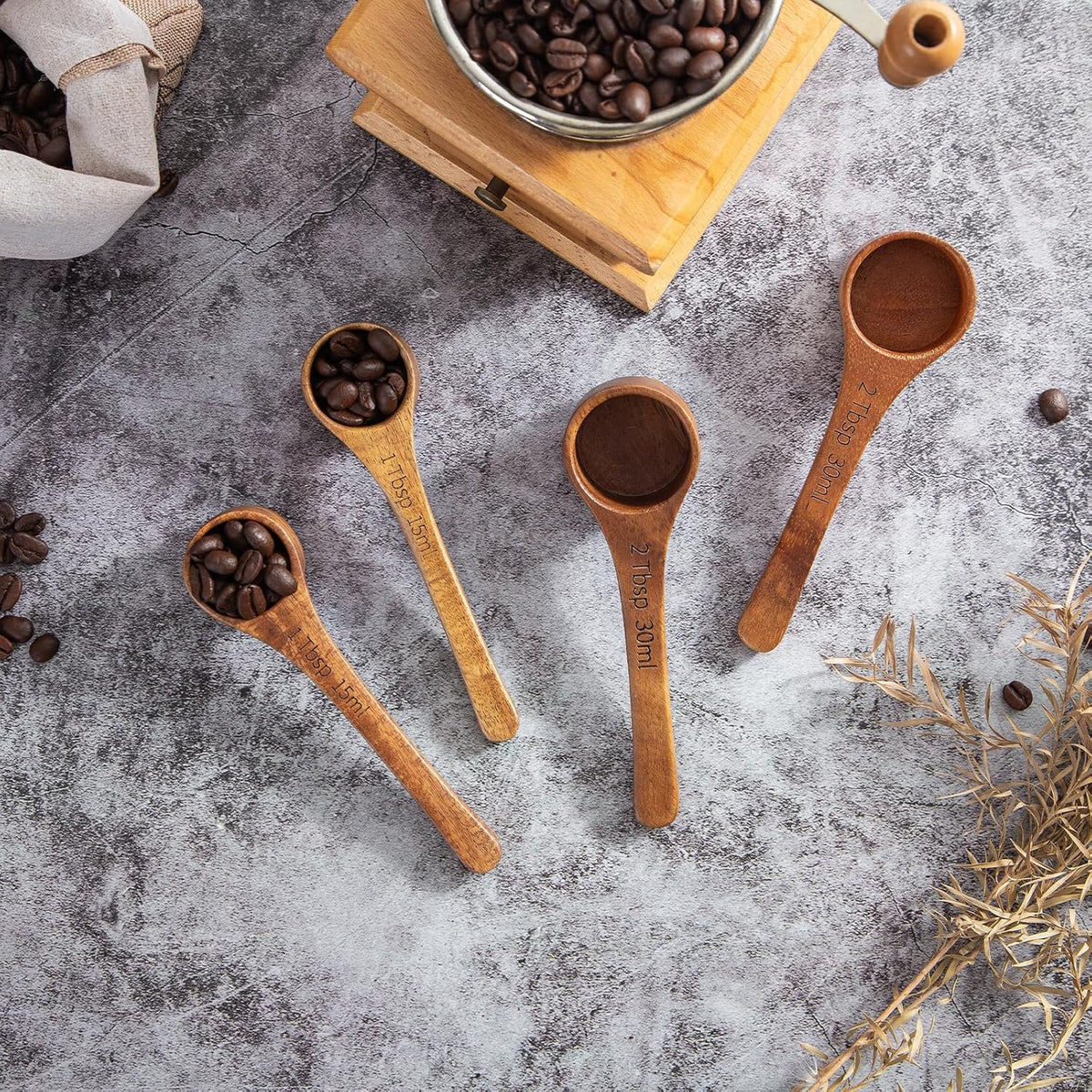 Wood Coffee Scoop-4 Pieces Wooden Scoops for Jars Small Measuring Spoons for Ground Coffee,Tea,Sugar,Seasoning-Multipurpose Wooden Scoop for Jars,Canisters,Bath Salts,Laundry Detergent(Acacia Wood)