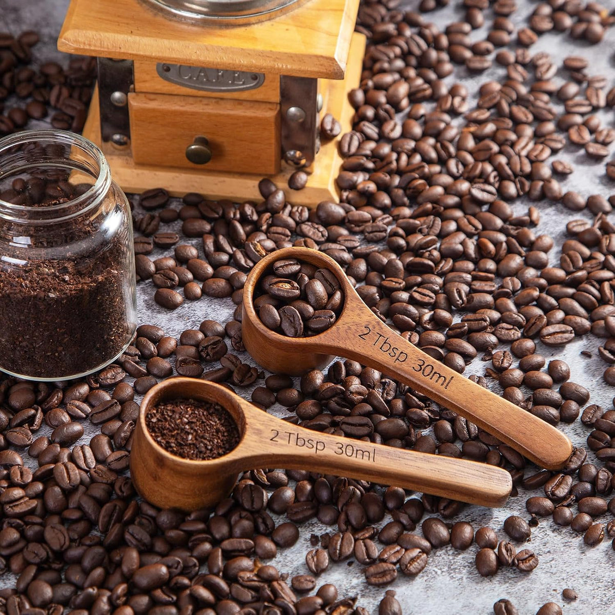 Wood Coffee Scoop-4 Pieces Wooden Scoops for Jars Small Measuring Spoons for Ground Coffee,Tea,Sugar,Seasoning-Multipurpose Wooden Scoop for Jars,Canisters,Bath Salts,Laundry Detergent(Acacia Wood)