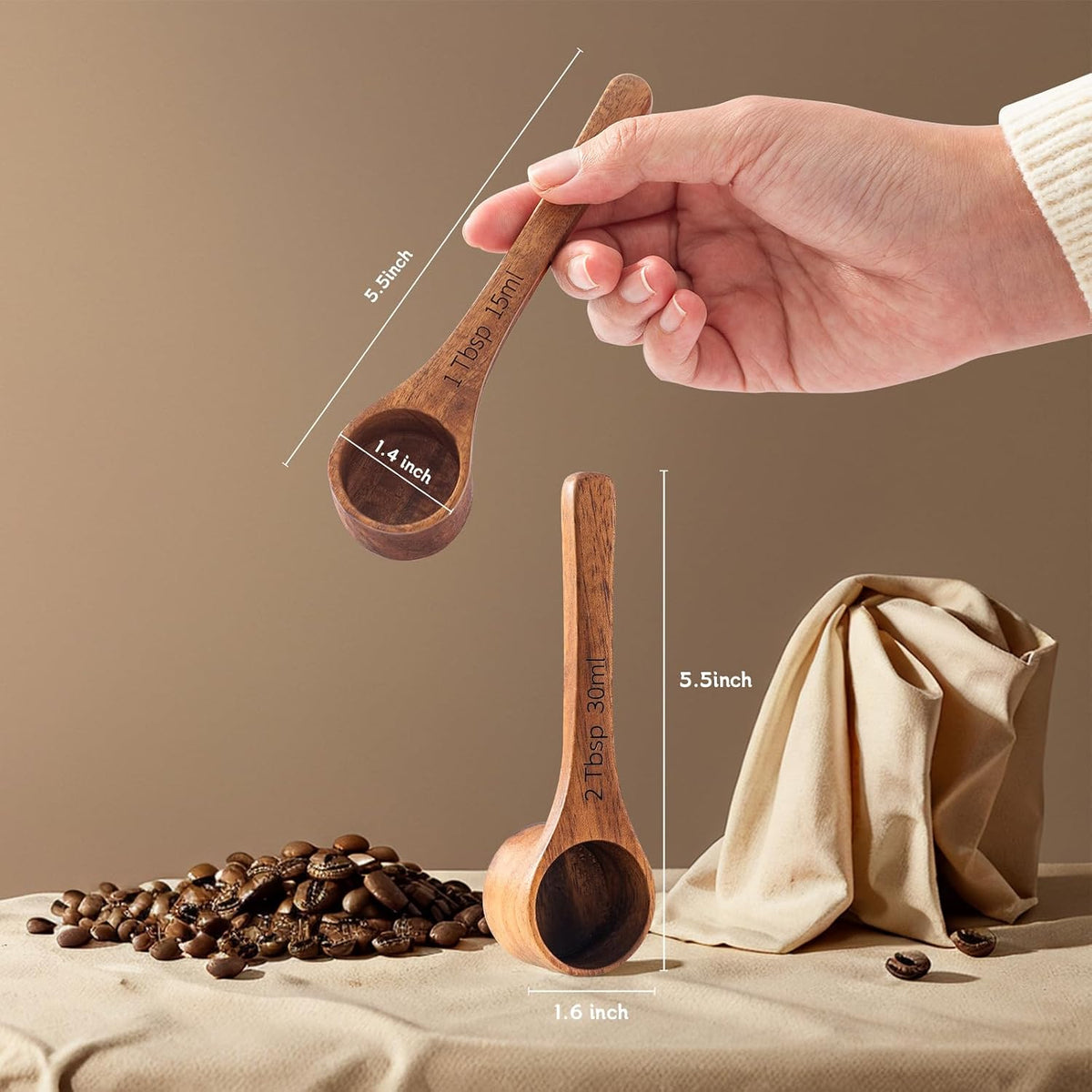 Wood Coffee Scoop-4 Pieces Wooden Scoops for Jars Small Measuring Spoons for Ground Coffee,Tea,Sugar,Seasoning-Multipurpose Wooden Scoop for Jars,Canisters,Bath Salts,Laundry Detergent(Acacia Wood)