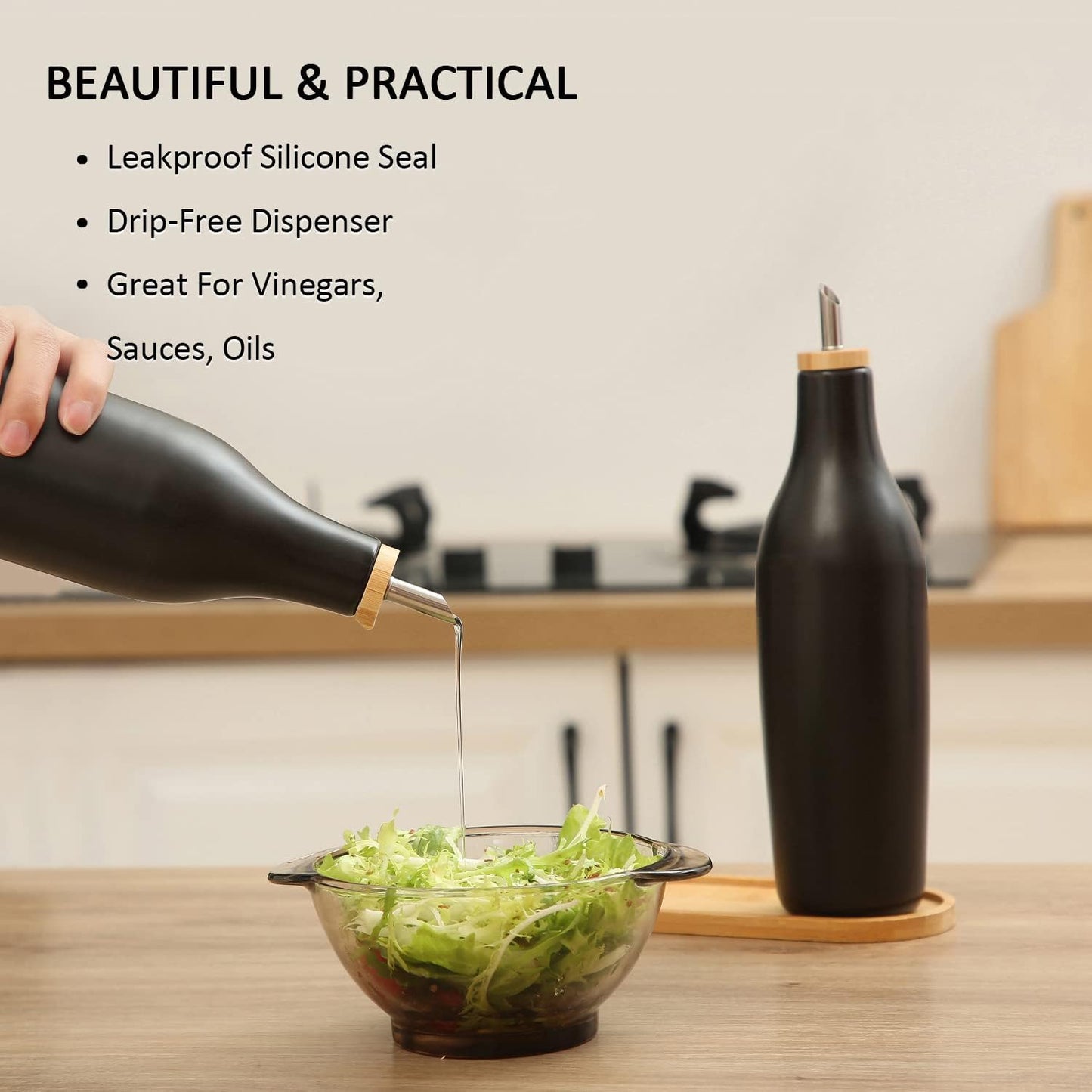 HOMCDALY Ceramic Olive Oil Dispenser for Kitchen, Stoneware 16oz Oil Cruet and Vinegar Bottles Dispenser, Kitchen Dispenser Bottle for EVOO Vinegar Syrups, Modern Farmhouse Design(W-O)
